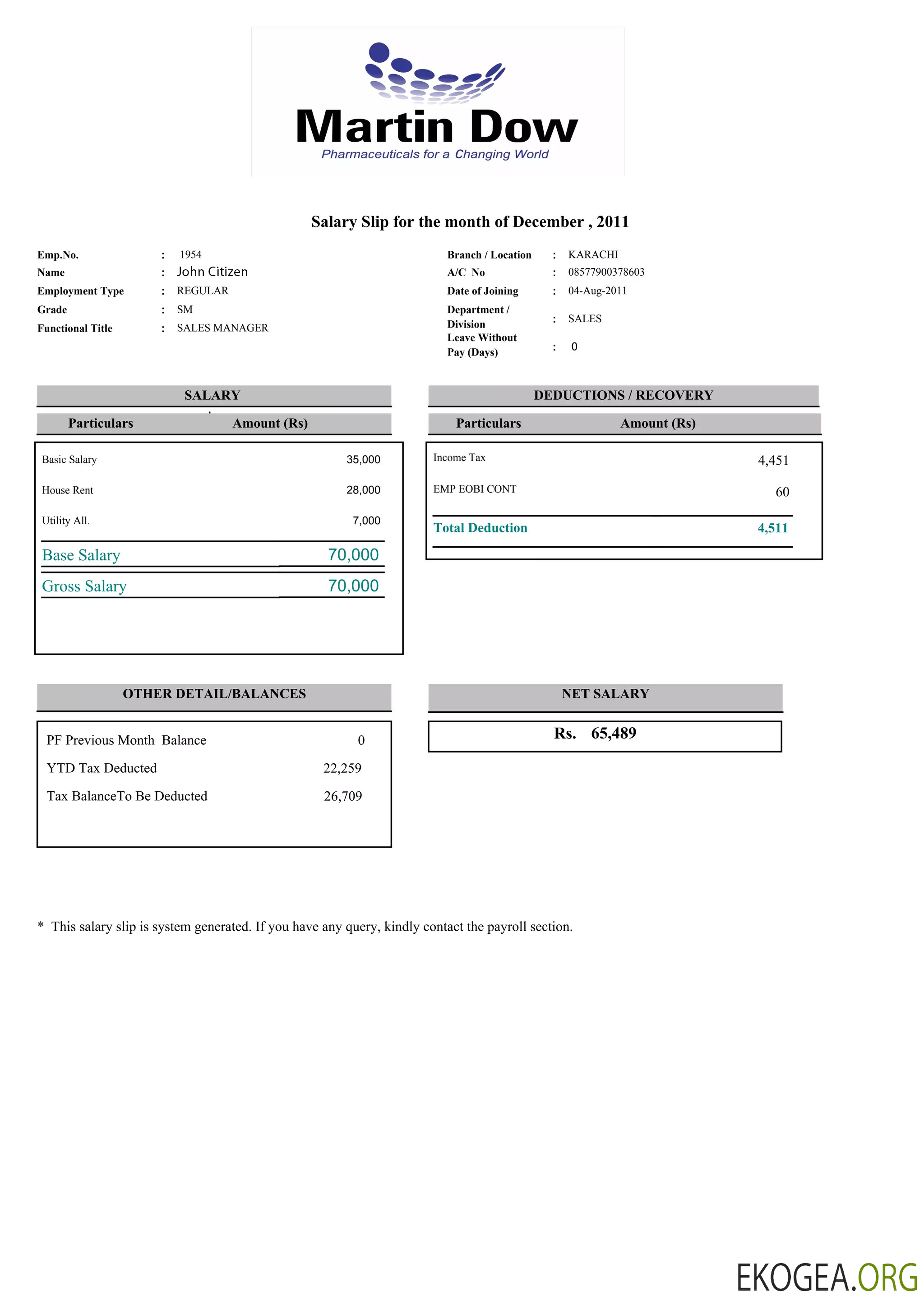 PAKISTAN MARTIN Modèle de bulletin de paie Dow aux formats Word et PDF